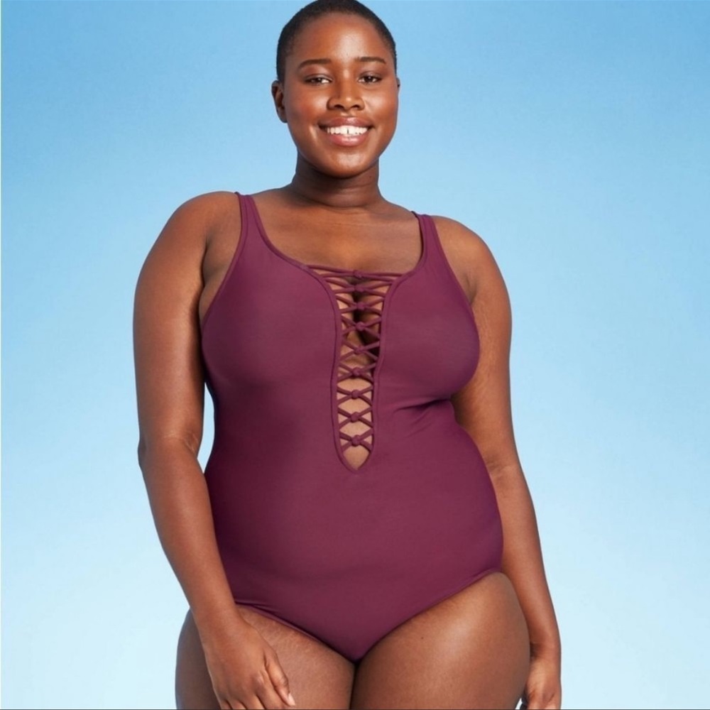 Aqua Green Lace Up One Piece Swimsuit 18W Plus Plunge Resort Coastal Beach NWT - Picture 2 of 14